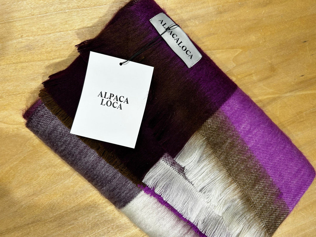 Alpaca Loca Scarf Blocked Plum Purple, Wine Red, Ivory and Brown